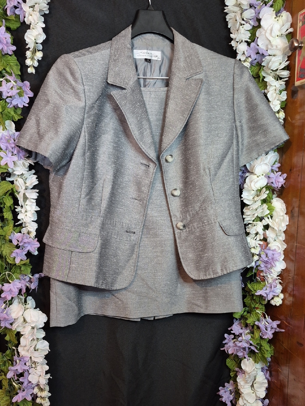 Short Sleeve Silver Gray Women's Suit Jacket And Matching Skirt (2pc)